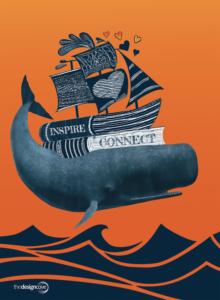 Art designed for Nantucket Book Festival. Shows a sperm whale holding books that are part of a ship above waves inspired by In The Heart of the Sea novel.